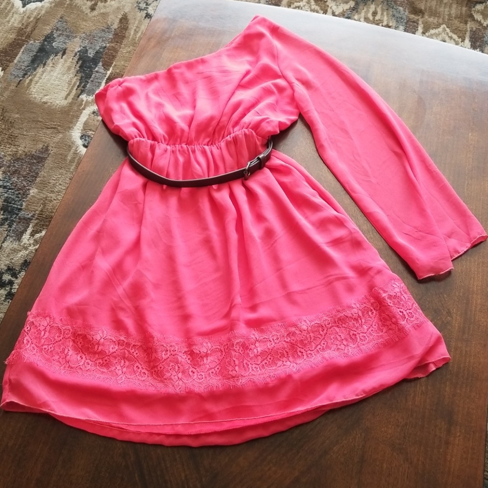 Coral one shoulder dress.